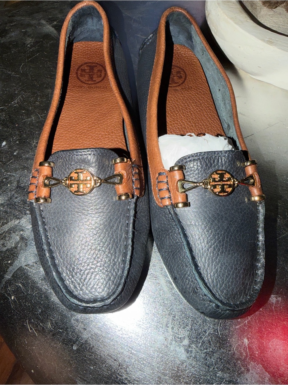 Tory Burch Men's Navy and Tan Leather Driving Loafers